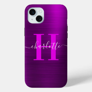 Coque iPhone 15 Mini Monogramme de signature métallique Magenta Purple