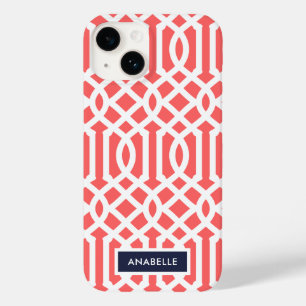 Coque Pour iPhone 14 Monogramme de treillis de marine et de corail