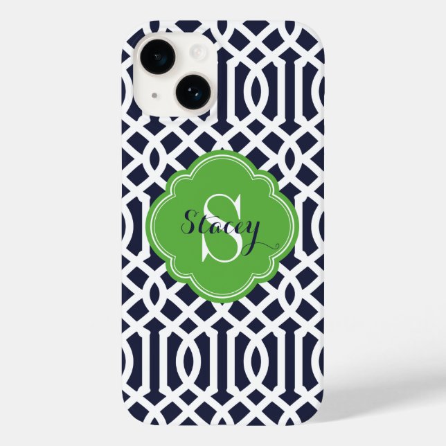 Coques Case-Mate iPhone Monogramme de treillis moderne marine et vert (Verso)