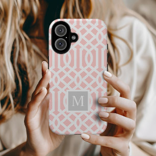Coque Pour iPhone 14 Monogramme de Trellis rose et gris Couleurs modi