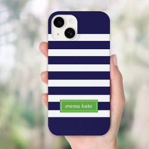 Coque Pour iPhone 14 Monogramme des bandes de Preppy bleu et vert de la