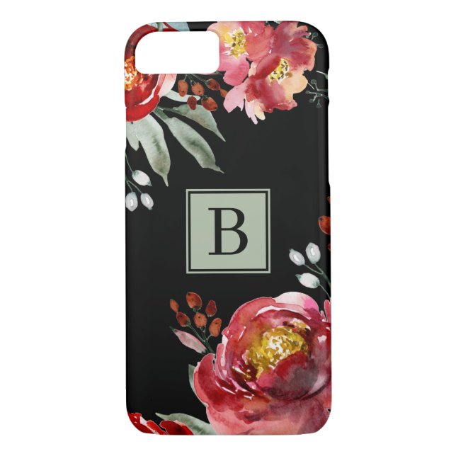 Coques Case-Mate iPhone Monogramme des fleurs d'aquarelle vert rouge et gr (Dos)
