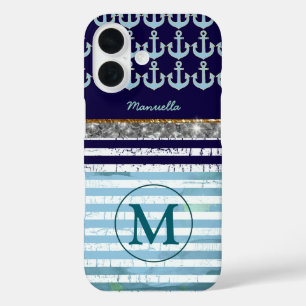 Coque Pour iPhone 16 Monogramme des rayures de filles de la marine