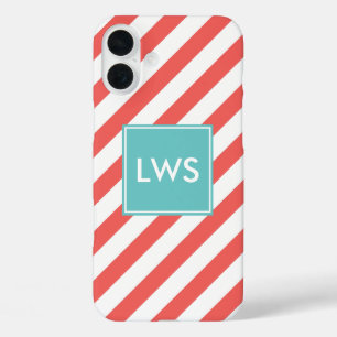 iPhone 16 Plus Case Monogramme des rayures diagonales de corail et de 