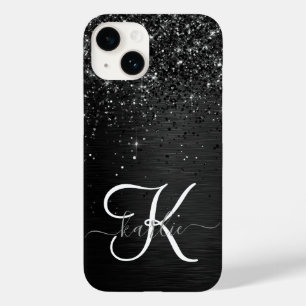 Coque Pour iPhone 14 Monogramme d'étincelle à Parties scintillant noire