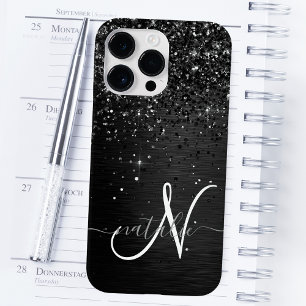 Coque Pour Pour iPhone 14 Pro Max Monogramme d'étincelle à Parties scintillant noire
