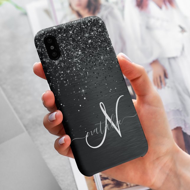 Coques Case-Mate iPhone Monogramme d'étincelle à Parties scintillant noire (Créateur téléchargé)