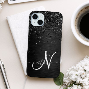 Coque iPhone 15 Mini Monogramme d'étincelle à Parties scintillant noire