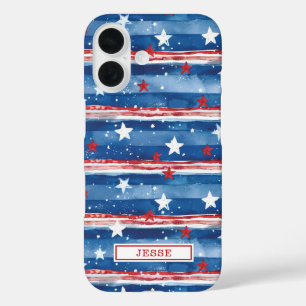Coque Pour iPhone 16 Monogrammé d'étoiles et de bandes patriotiques