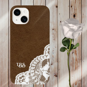 Coque Pour iPhone 14 Monogramme d'impression en cuir et en dentelle sim
