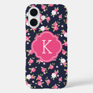 Coque Pour iPhone 16 Monogramme d'impression Vintage marine et rose chi
