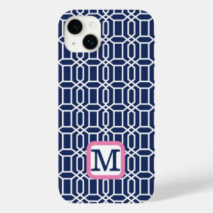 Coque Pour iPhone 14 Plus Monogramme d'octogone blanc de Preppy Navy