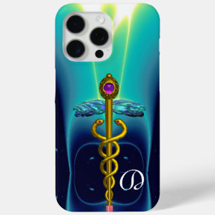 Coque iPhone 15 Pro Max MONOGRAMME D'OR CADUCUS, bleu Turquoise Aqua