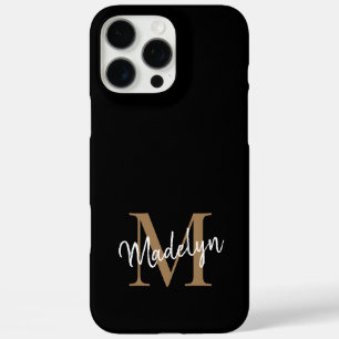 Coques iPhone 16 Pro Max Monogramme d'or noir moderne Nom du script féminin