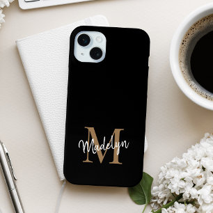 Coque iPhone 15 Mini Monogramme d'or noir moderne Nom du script féminin