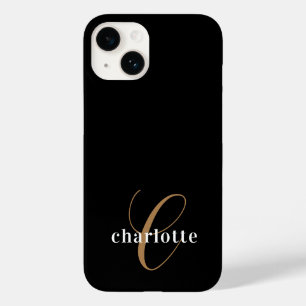 Coque Pour iPhone 14 Monogramme d'or noir moderne Nom du script féminin