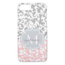 Monogramme doux rose et gris damassé
