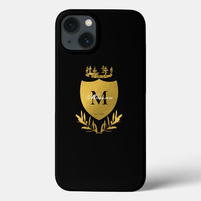 Coques Case-Mate iPhone Monogramme du bouclier royal noir et or (Verso)