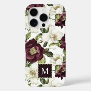 Coques iPhone 16 Pro Monogramme du modèle floral de Bourgogne