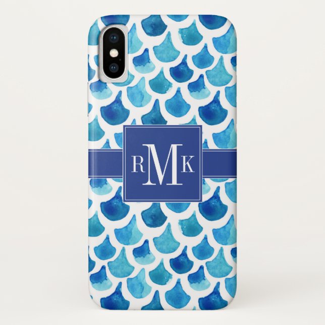 Coques Case-Mate iPhone Monogramme | Échelle d'aquarelle bleue (Dos)