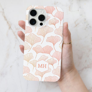 Coque iPhone 15 Pro Max Monogramme Elegant Blush Pink Ginkgo Motif feuille