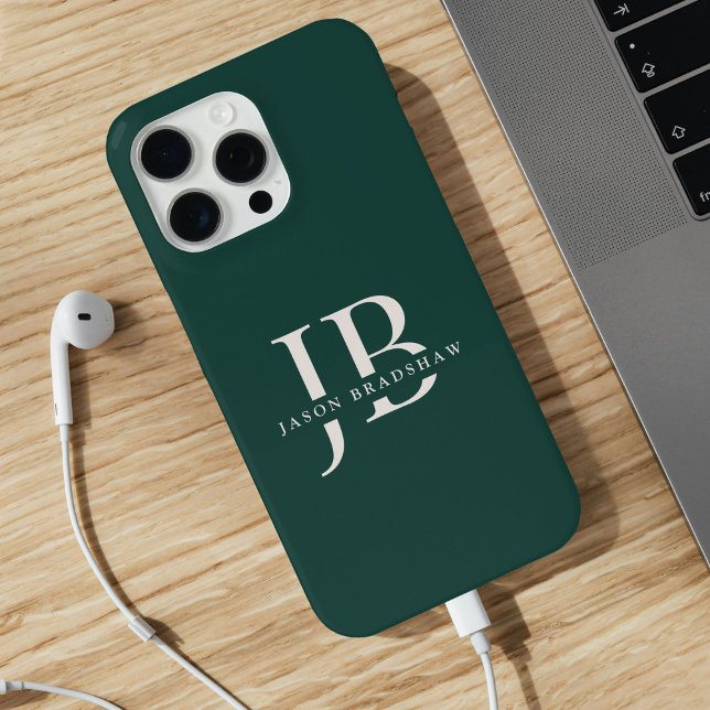 Coques Case-Mate iPhone Monogramme élégant classique et nom vert foncé (Personalize with your name and monogram initials.)