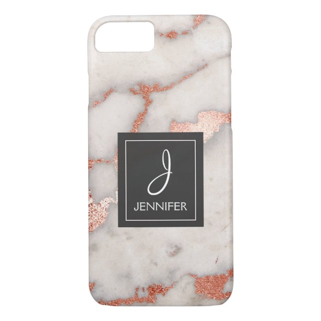 Coques Case-Mate iPhone Monogramme élégant en marbre rose rose or (Dos)