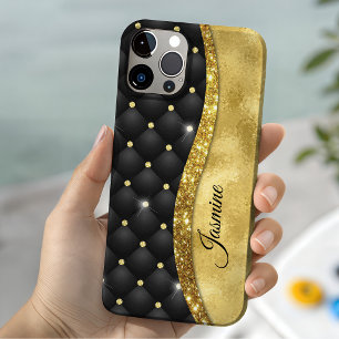 Case-Mate iPhone Case Monogramme élégant faux diamant noir paillettes or
