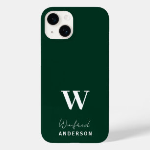 Coque Pour iPhone 14 Monogramme élégant minimaliste vert foncé Nom pers