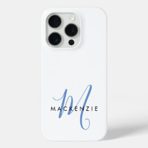 Coque iPhone 15 Pro Monogramme élégant moderne blanc bleu script