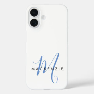 Coque Pour iPhone 16 Monogramme élégant moderne blanc bleu script