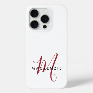 Coque iPhone 15 Pro Monogramme élégant moderne blanc rouge script 