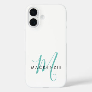 Coque Pour iPhone 16 Monogramme élégant moderne blanc sarcelle Script