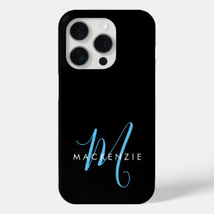 Coque iPhone 15 Pro Monogramme élégant moderne noir bleu ciel écriture