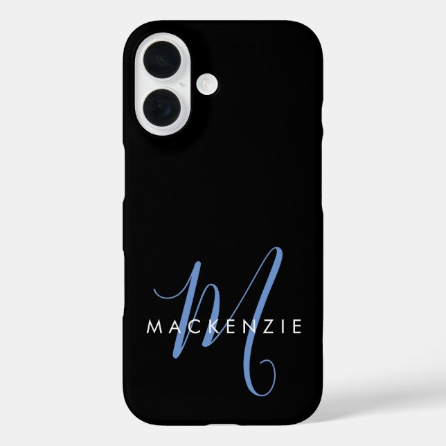 Coques Case-Mate iPhone Monogramme élégant moderne noir bleu script (Verso)
