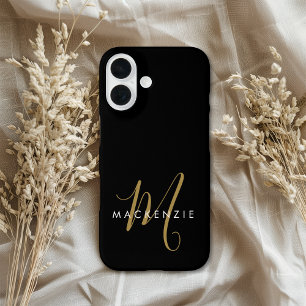 Coque Pour iPhone 16 Monogramme élégant moderne noir or écriture