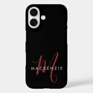 Coque Pour iPhone 16 Monogramme élégant moderne noir rouge script