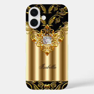 Coques iPhone 16 Monogramme élégant noir sur or ajoutez nom