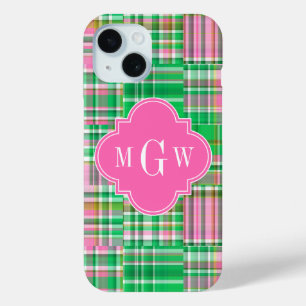 Coque Pour iPhone 15 Monogramme Emerald Hot rose Preppwork Madras