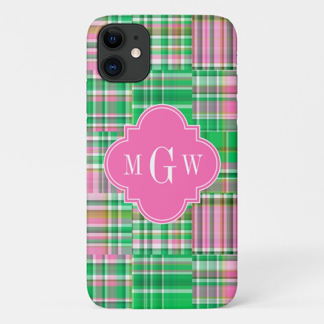 Coques Case-Mate iPhone Monogramme Emerald Hot rose Preppwork Madras (Dos)