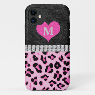 Coques Pour iPhone Monogramme, empreinte de léopard rose, cas de