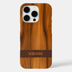 Coques iPhone 16 Pro Monogramme En Bois D'Acajou Et Texture En Cuir