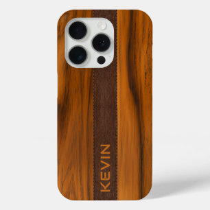 Coque iPhone 15 Pro Monogramme En Bois D'Acajou Et Texture En Cuir