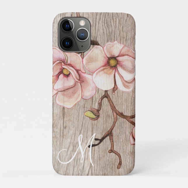 Coques Case-Mate iPhone Monogramme en bois vieilli avec Magnolias rose (Dos)