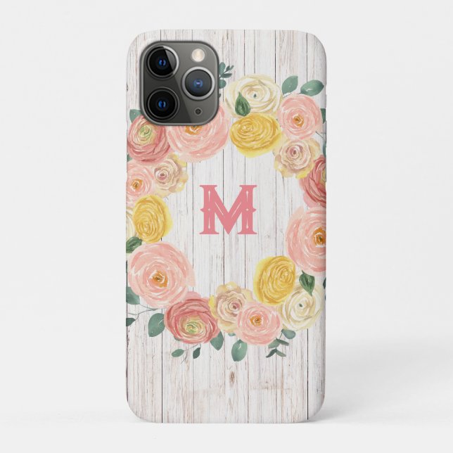 Coques Case-Mate iPhone Monogramme en bois vieilli Rose et couronne d'euca (Dos)