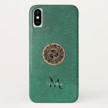 Monogramme en bronze en cuir vert de noeud de