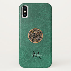 Coque iPhone X Monogramme en bronze en cuir vert de noeud de