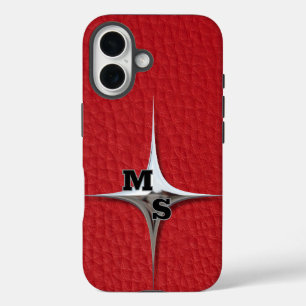 Coque Pour iPhone 16 Monogramme en cuir rouge moderne