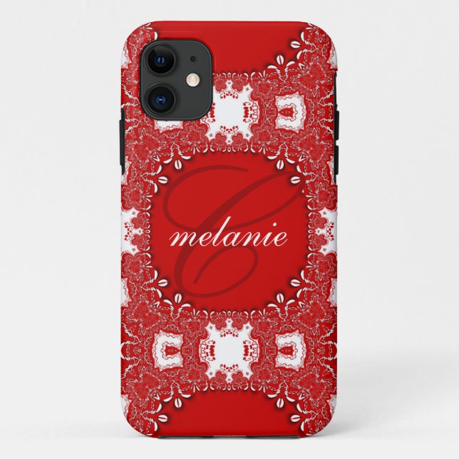 Coques Case-Mate iPhone Monogramme en dentelle rouge chaud et blanc person (Dos)