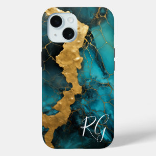 Coque Pour iPhone 15 Monogramme en marbre Abstrait turquoise bleu or